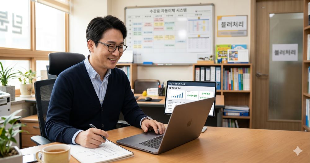학원 자동이체로 수강료를 관리하는 학원 원장님 모습