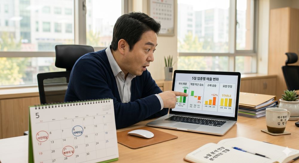 5월 가정의 달 업종별 매출 변화 — 외식·학원·소매·요양 비교