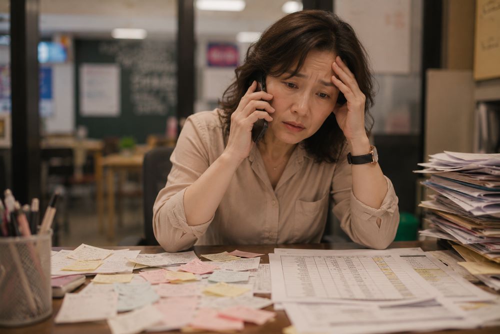 학원 교실에서 수강료 수기 정산과 학부모 문의로 지친 원장