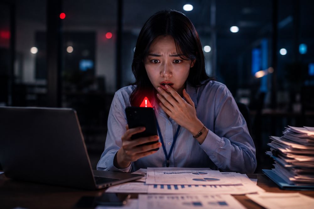 온라인 결제 중 이상 거래 알림에 놀라는 담당자