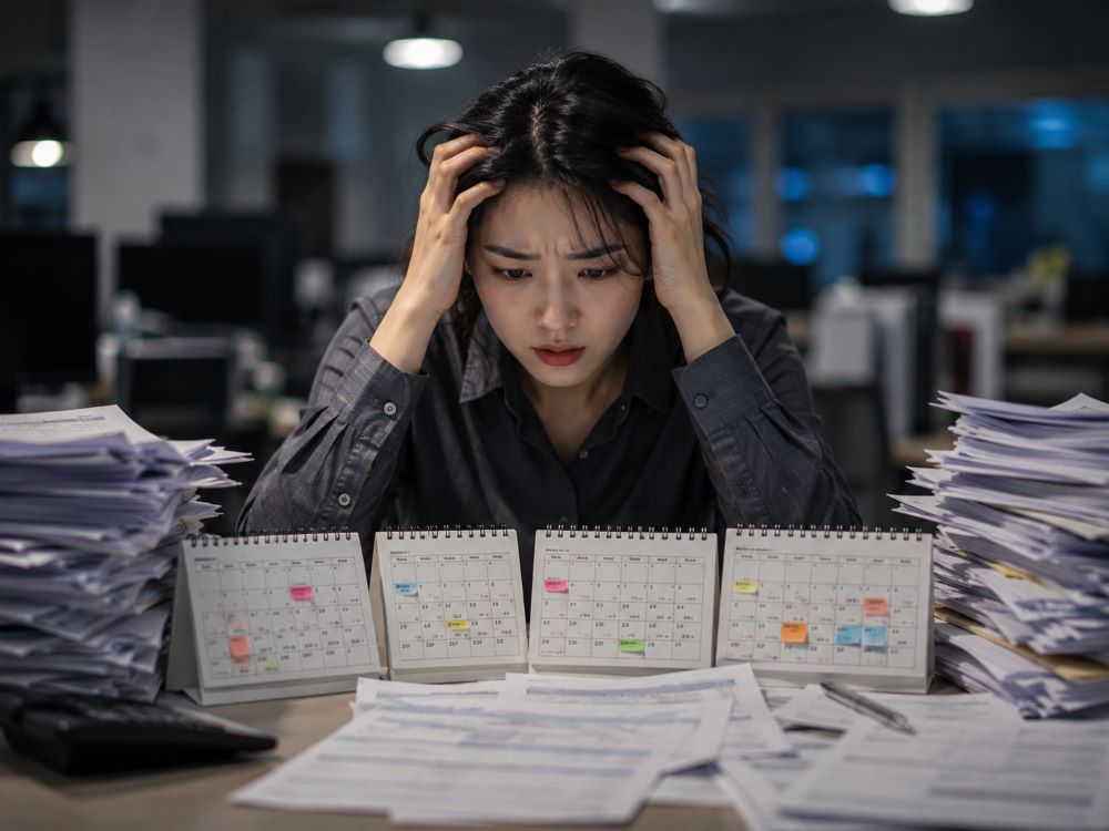정산주기 설정 캘린더와 회계 서류가 어질러진 책상