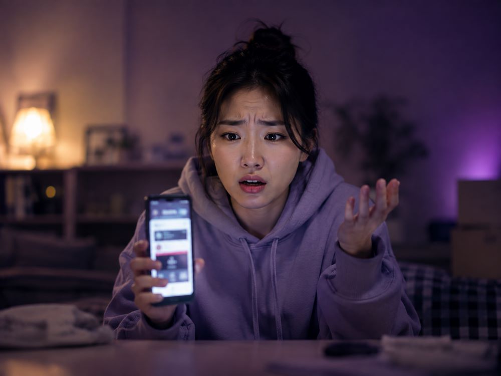 휴대폰 소액결제 오류로 당황하는 고객과 스마트폰 화면