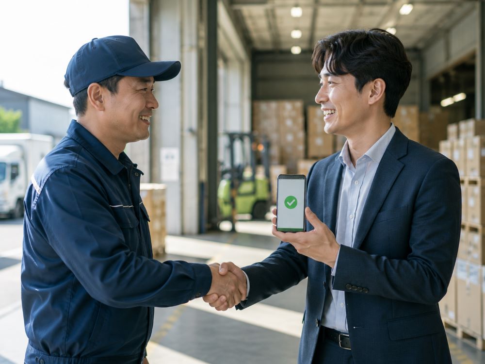 실시간계좌이체 도입가이드 적용 이후 안도하는 사장님과 배송기사