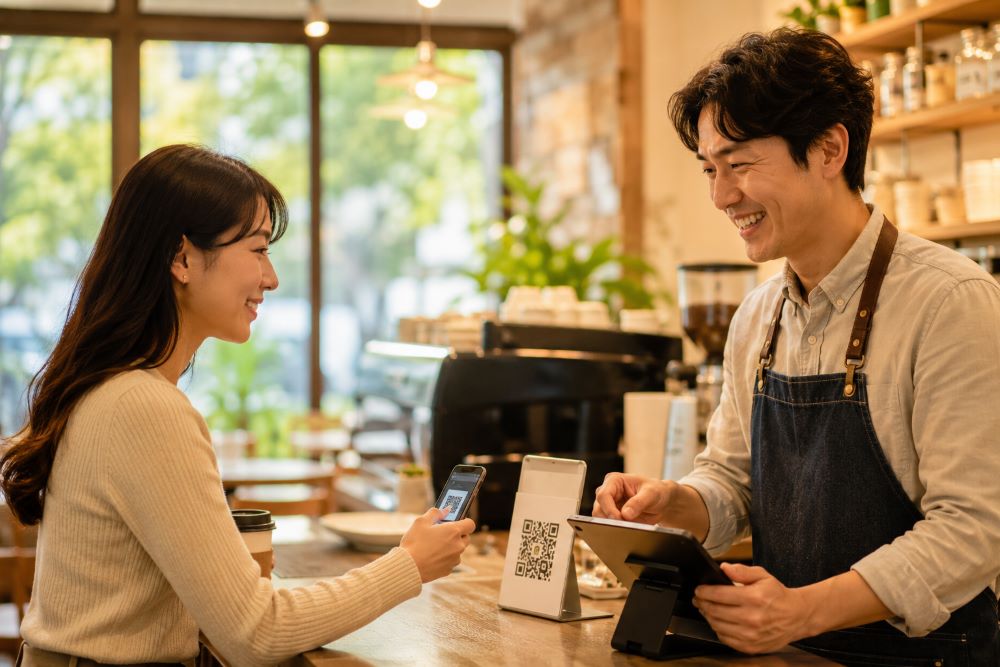 QR코드 결제 도입 이후 편리하게 결제하는 카페 손님과 사장님