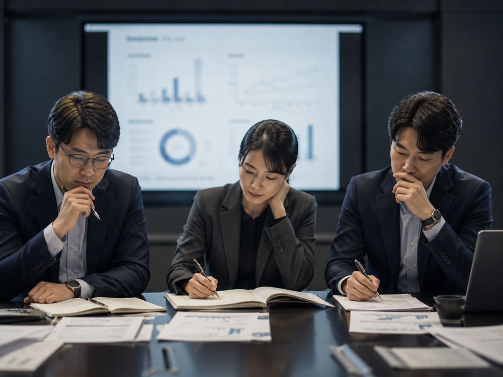 한국 핀테크 정책 동향 뉴스를 확인하며 회의하는 정책 담당팀