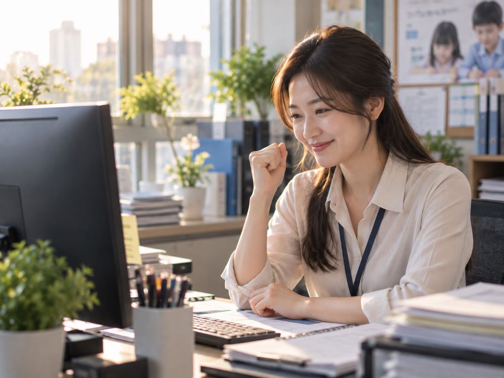 계좌인증 서비스 도입 이후 안심하는 학원 사무실 직원의 표정