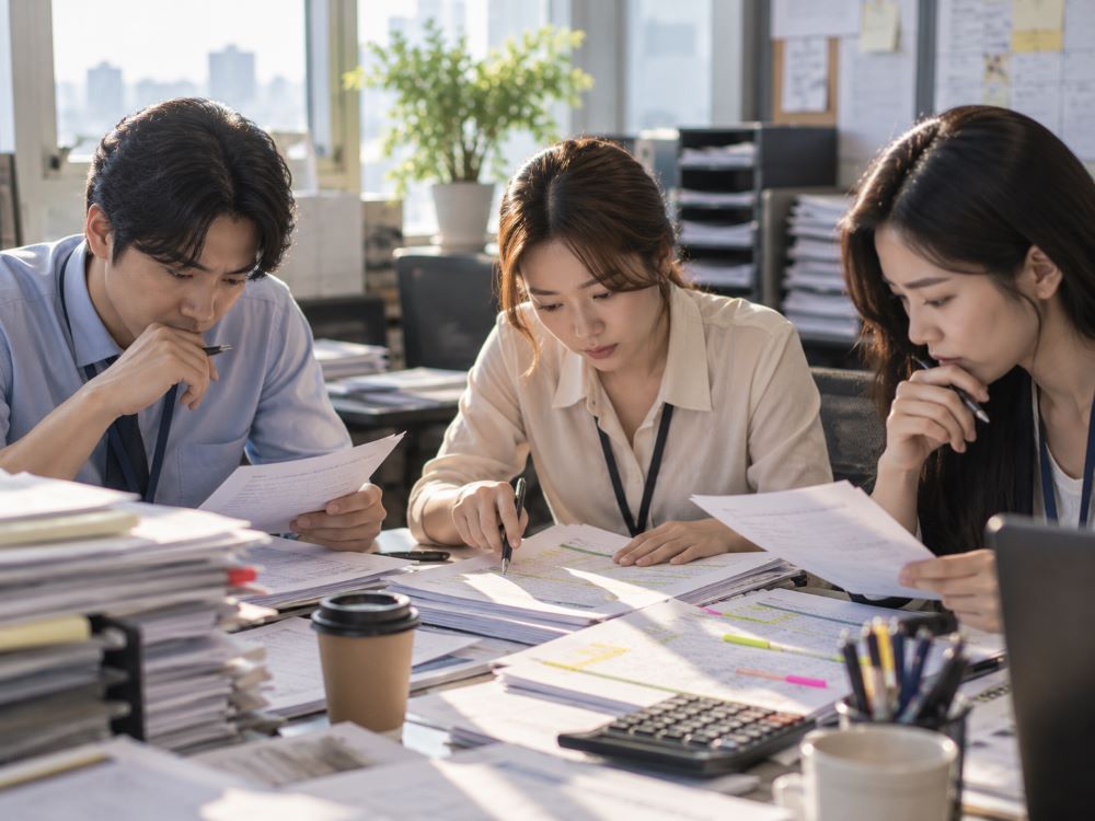 프랜차이즈 CMS 도입사례가 필요한 본사 정산 담당팀의 서류 더미