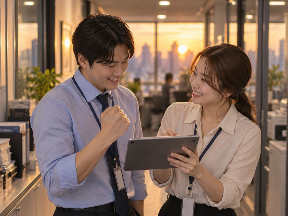 결제 대사 자동화 동향을 확인하며 안도하는 회계팀의 모습